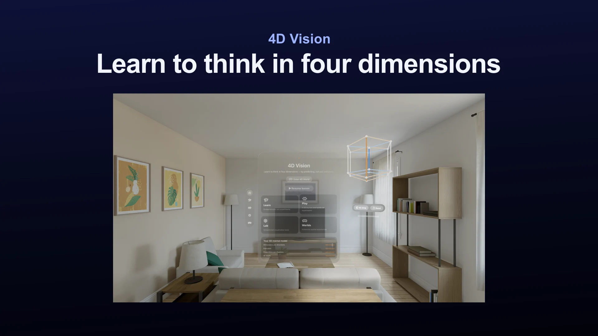 4D Vision home screen with Learn, Play, Lab, and Worlds destinations