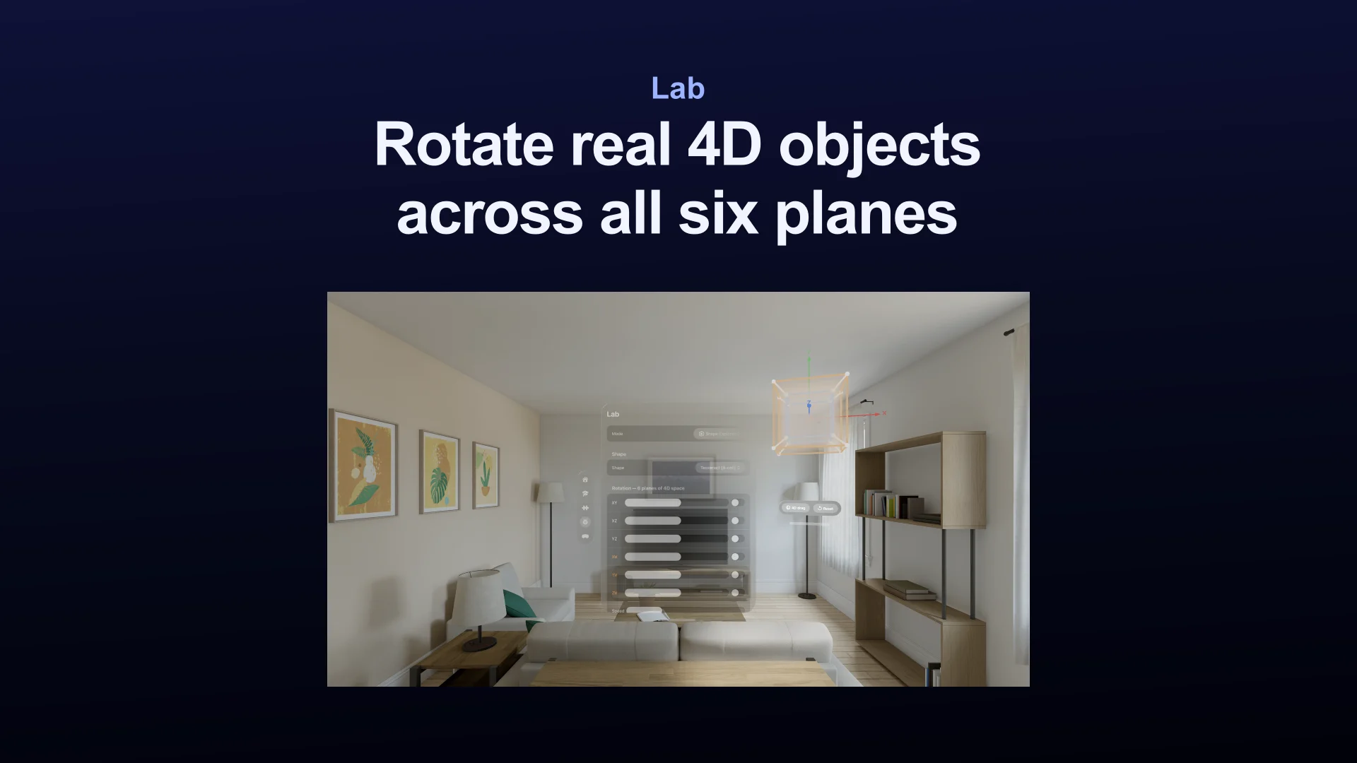 Shape Explorer showing a tesseract with axes and hyper-glow overlays